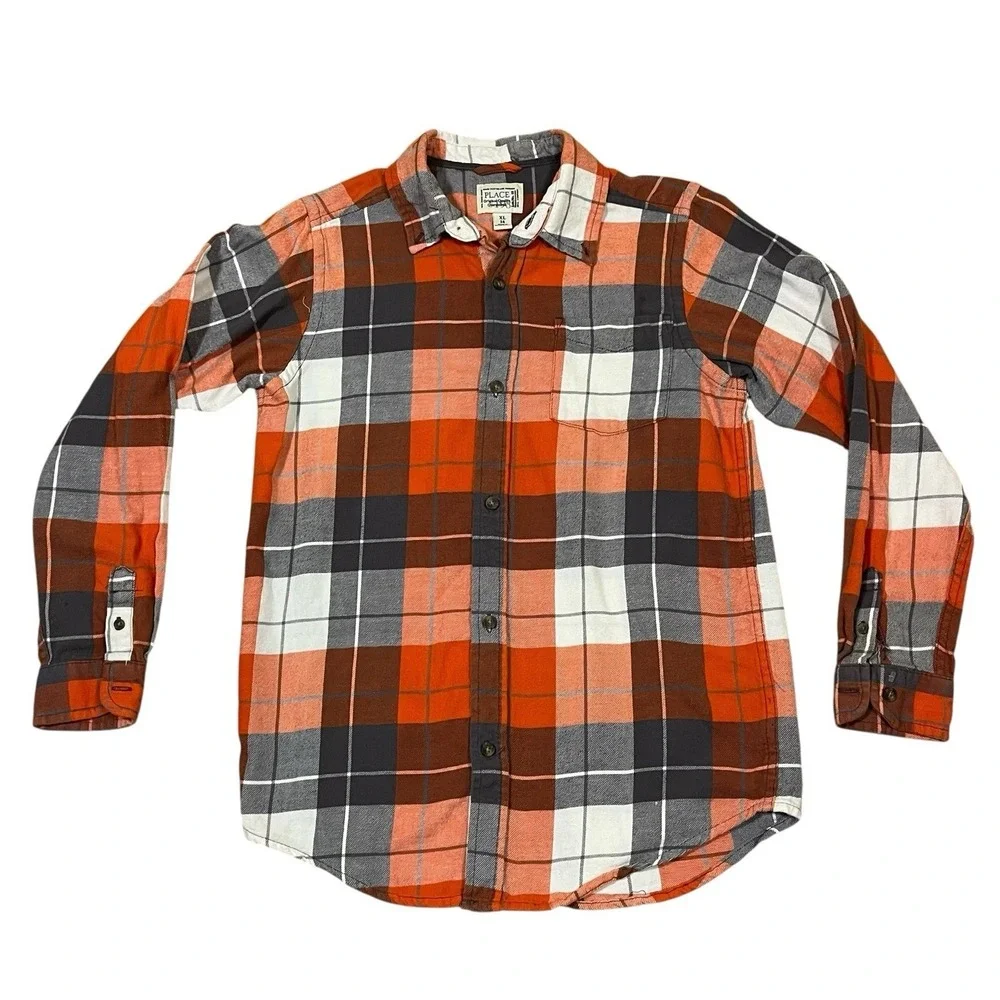 Kids The Children's Place Orange Gray Flannel Button Shirt Size XL‎ 14 Preppy